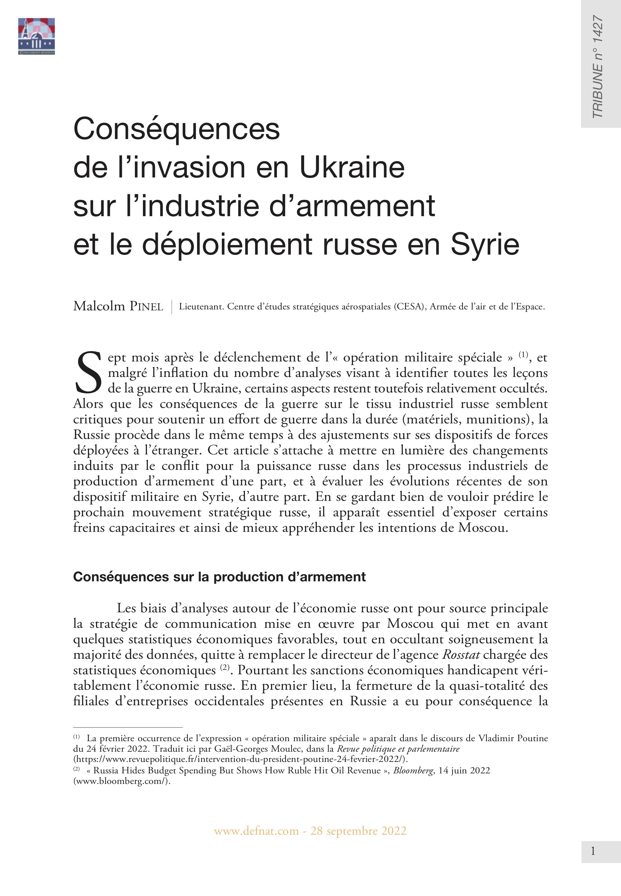 Conséquences de l’invasion en Ukraine sur l’industrie d’armement et le déploiement russe en Syrie (T 1427)
